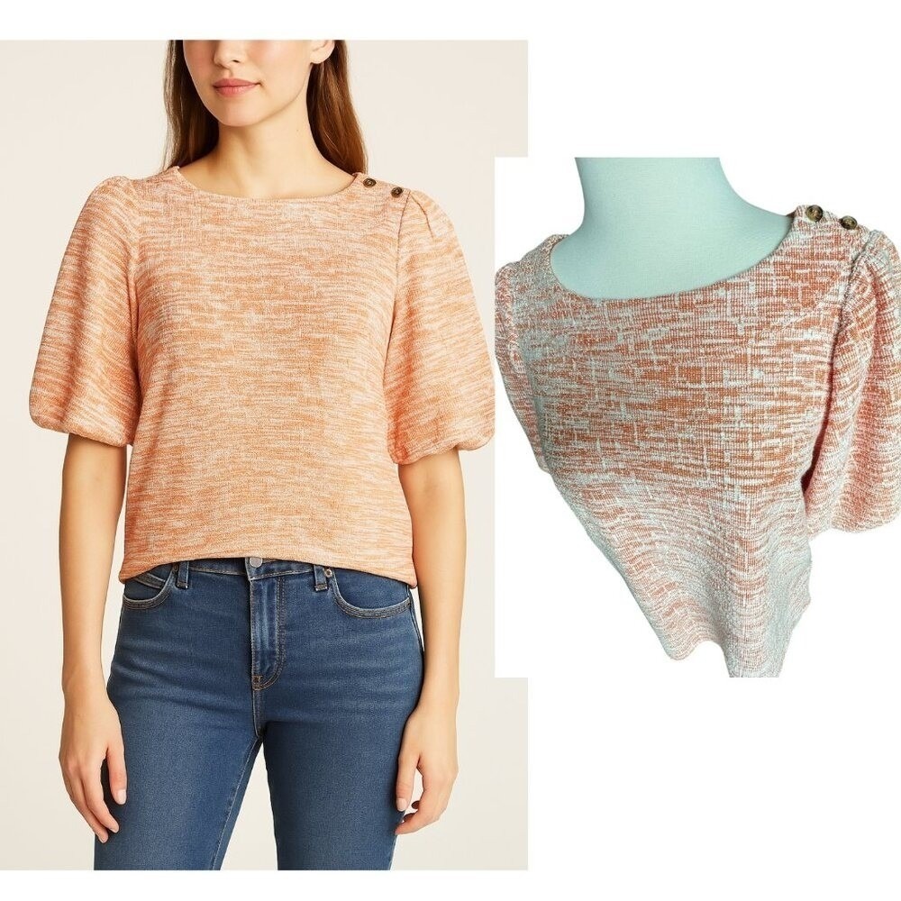 Melloday Knit Top M Orange White Puff Sleeve Tweed Cottagecore Boat Neck Classic - Picture 2 of 14